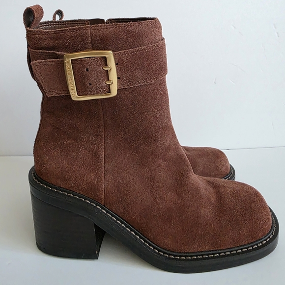 Vince Camuto Bembonie Suede Stacked Heel Bootie Buckle Ankle Boot | Sz 8, Brown - Picture 4 of 9